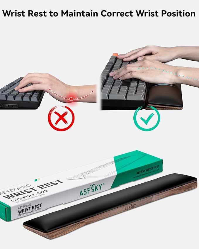 Keyboard Wrist Rest, Ergonomic Wooden Wrist Rest Memory Foam Wrist Pad with PU Leather, Non-Slip and Easy-to-Clean Design, Wrist Support for Mechanical Keyboard, Gaming & Office Use (Dark Brown Wood)