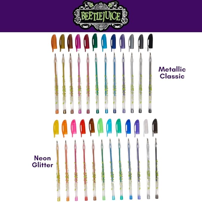 Innovative Designs Beetlejuice Gel Pens Set for Kids, 24 Pack with Glitter Gel Pens, Cute Pens for Kids, Teens, and Adults