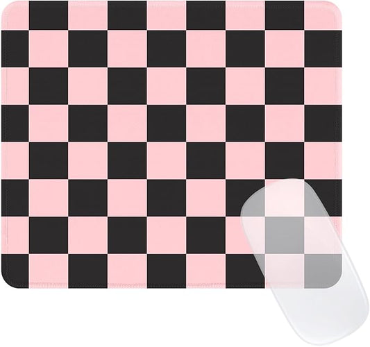 Cute Pink Mouse Pad,Retro Checkered Pattern Mousepad,Square Aesthetic Plaid Waterproof Grid Mouse Mat Design, Non-Slip Rubber Base Computer Funny Boho Mouse Pads, Desk Accessories,Black Pink