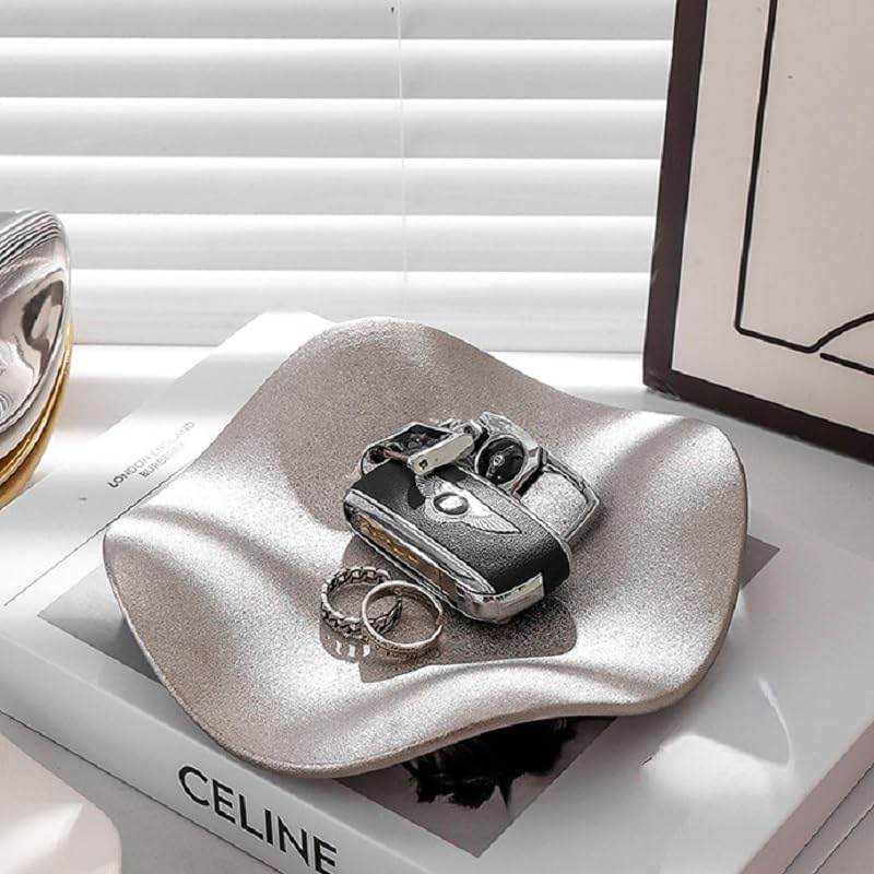 Jewelry Tray Ring Dish Ceramic Trinket Tray Key Tray Flower Wave Shape Birthday Party Wedding Home Decor for Entryway Table Livingroom dresser (Matter Silver) by Siehpa3
