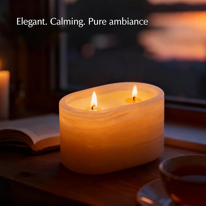 Scented Luxury Candles in Handmade Marble Container, Soy Wax | Large Candle | Non Toxic, 2 Wicks, Reusable Alabaster Stone Jar | Natural Spring Aromatherapy for Women & Men