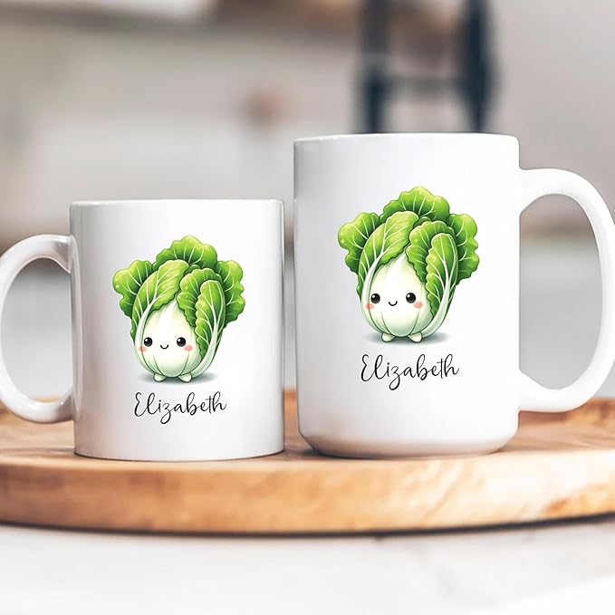 Personalized Chinese Cabbage Mugs, Chinese Cabbage Gifts For Friend Coworker, Custom Name Vegetable Ceramic Cup 11oz 15oz, Cute Chinese Cabbage Vegetable Lover White Travel Mug, Cabbage Fans Cup