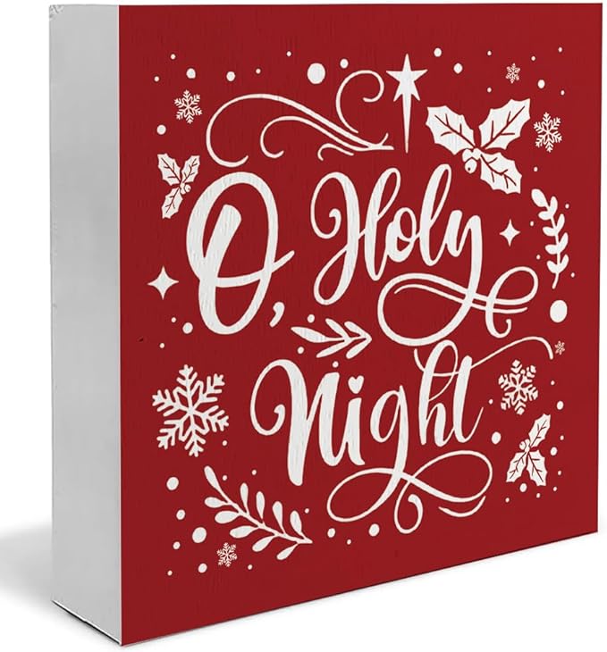 O Holy Night Christian Christmas Wooden Box Sign, Desk Decor, Farmhouse Red Xmas Wood Signs for Home Office Table Shelf Decoration, 5x5 Inch