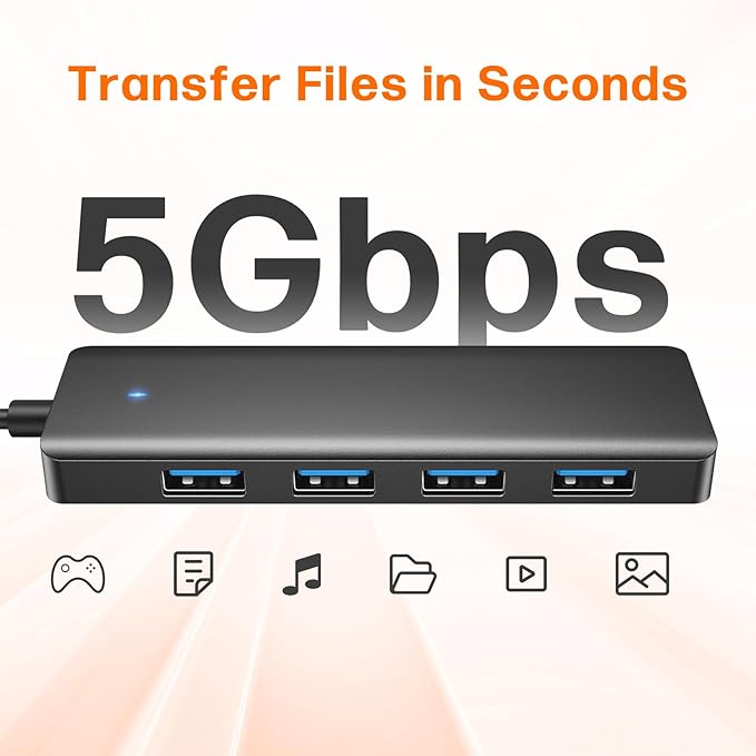 USB Hub 4 Ports, Multiple USB 3.0 Hub, USB A Splitter Ultra-Slim USB Expander for Mouse, Keyboard, Flash Drive, U Disk, Printer, Laptop PC, Desktop and More