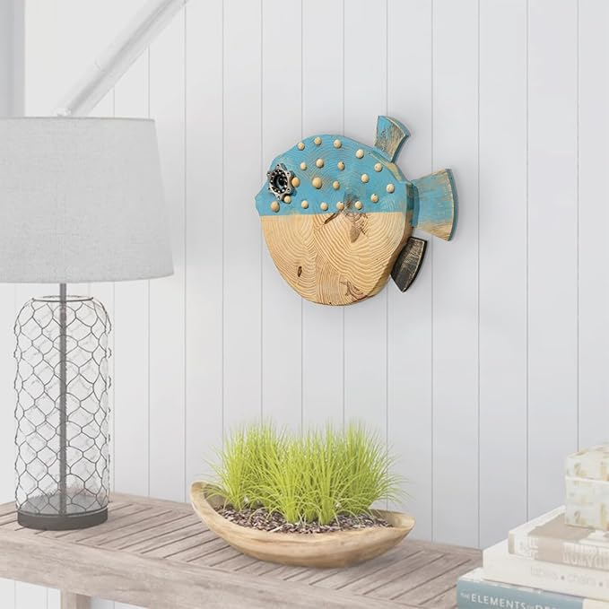 Mint Bucket Brands Driftwood Puffer Fish Nautical Wall Decor - 14.5" x 9" Handmade Wooden Rustic Coastal Wall Art for Living Room, Bedroom, Office, Bathroom - Ocean Beach Decoration (Bubba)