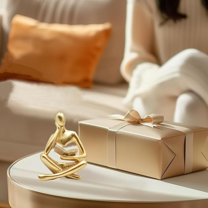 Prettidecor Reading Thinker Statue, Sculptures Abstract Art Ornament, Modern Aesthetic Figurine Decoration Set of 2 Status for Home Living Room Bedroom Office Shelf Table Desk Bookshelf Decor (Gold)