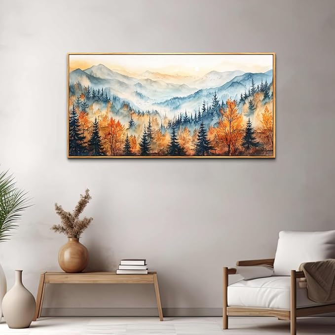 KELIYUAN Panoramic Wall Painting Canvas Wall Art For Living Room Large Wall Decor For Bedroom Abstract Mountain Forest Painting Pictures Office Decor Modern Room Home Decor Wood Framed 20"X40"
