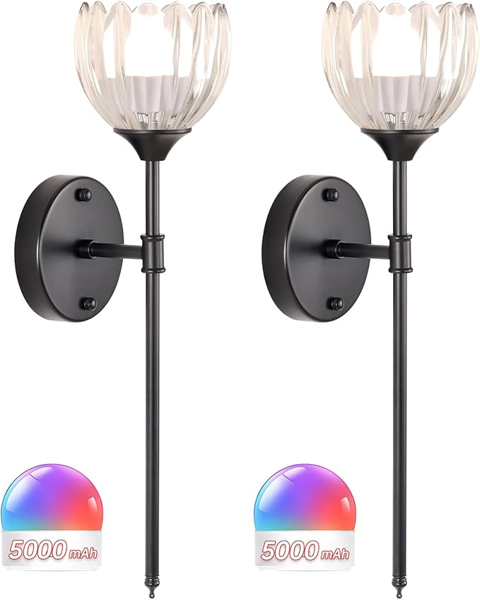 Battery Operated Wall Sconce Set of 2, Clear Tulip Vintage Wall Light Fixture Rechargeable 5000mAh Battery Powered Wall Lamp with Remote for Living Room Bathroom, Black