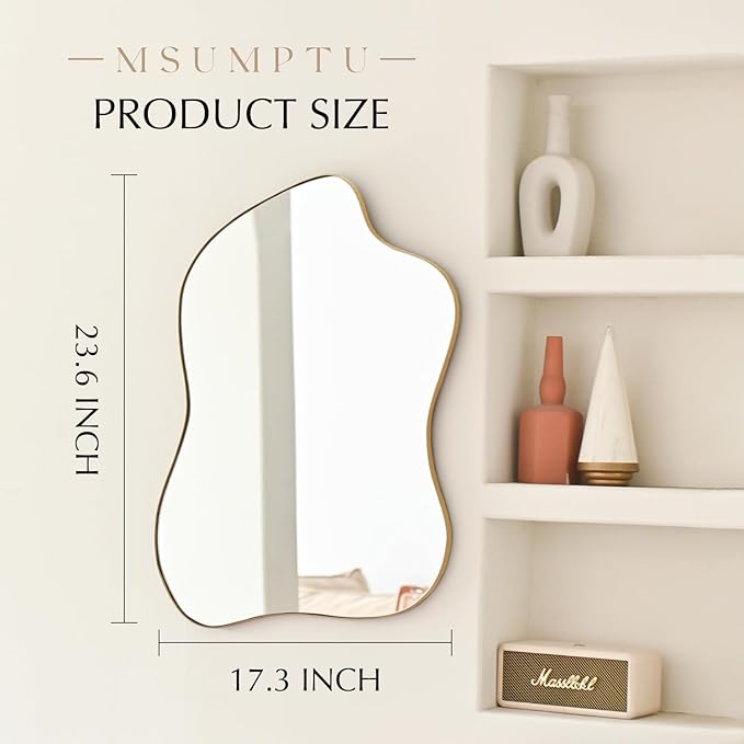 Irregular Wall Mirror Gold Wave Shaped Metal Framed Wall Mirror for Bathroom Bedroom Entryway Living Room Wall Decor 24" L x 18" W 2305B