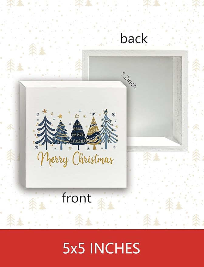 Blue and Gold Christmas Tree Wooden Box Sign, Merry Christmas Decorations, Xmas Holiday Winter Wood Signs for Home Office Desk Shelf Tabletop Decor, 5x5 Inch Decorative Signage