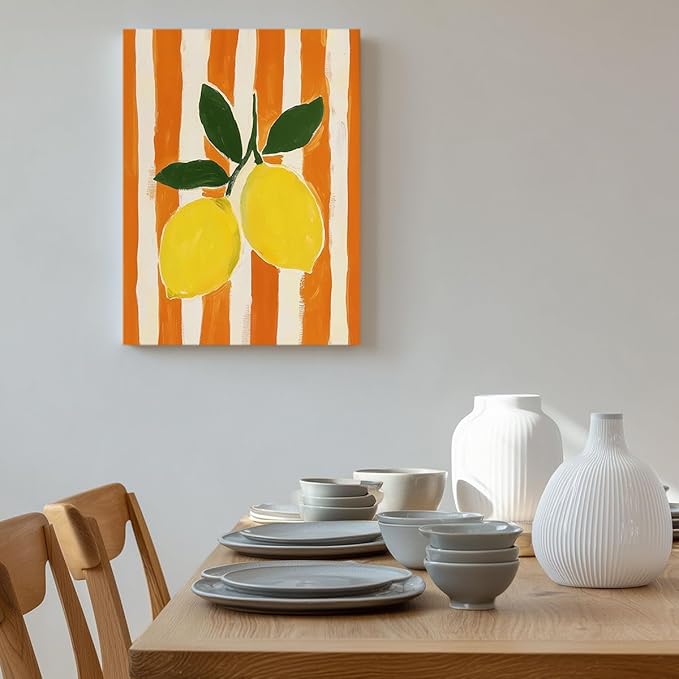 Lemon Watercolor Wall Art – Fresh Yellow Citrus Canvas Print – Orange Stripe Kitchen Decor – Modern Botanical Fruit Illustration Poster 24x32inch-Framed
