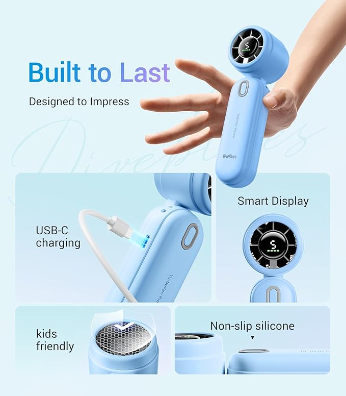 Diveblues High-Speed Portable Handheld Turbo Fan, USB Rechargeable Battery Powered, Small Portable Pocket Fan for Travel, Outdoor, Home, Office, Concerts, Lash, Gift for Women(Blue)