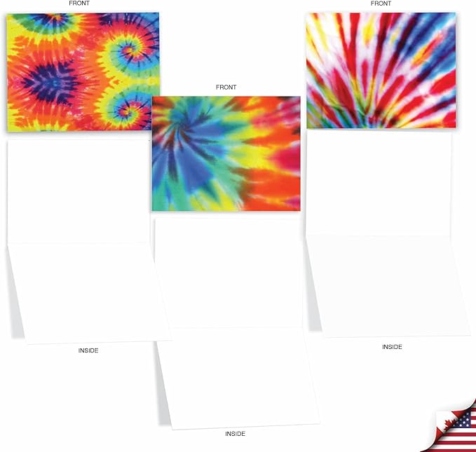 The Best Card Company - 10 Boxed Blank Note Cards Set with Envelopes (4 x 5.12 Inch), Tie Die Retro Fun Note Cards Assorted - To Dye For M6593OCB