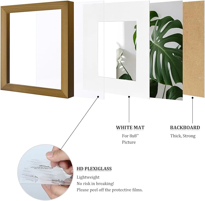 Egofine 11x11 Picture Frames 4 Pack Covered by Plexiglass, Display Pictures 8x8 with Mat or 11x11 Without Mat Made of Solid Wood for Table Top Display and Wall Mounting Photo Frame, Light Brown