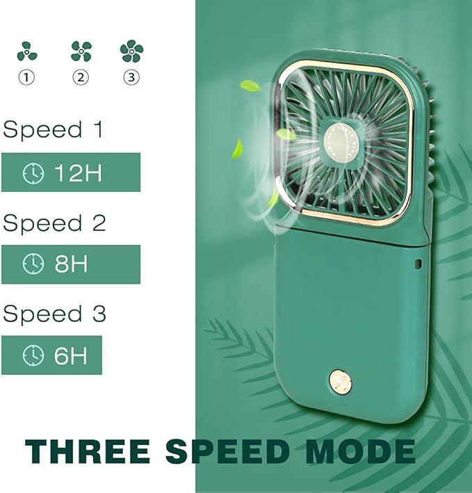Portable Mini Fan - 5 in 1 with Phone Holder, Desk Fan, USB Rechargeable, 3000 mAh Power Bank, 3 Speed Adjustable, Neck Lanyard, Green