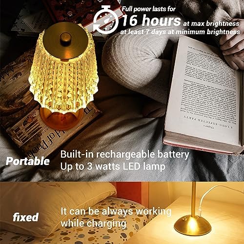 Cordless Table Lamp, 4000mAh Rechargeable Battery Operated Lamp, 3 Color Modes & Stepless Dimmable LED Touch Lamp, Portable Crystal Metal Beside Lamps for Bedroom Restaurant Outdoor(Gold) - Image 2
