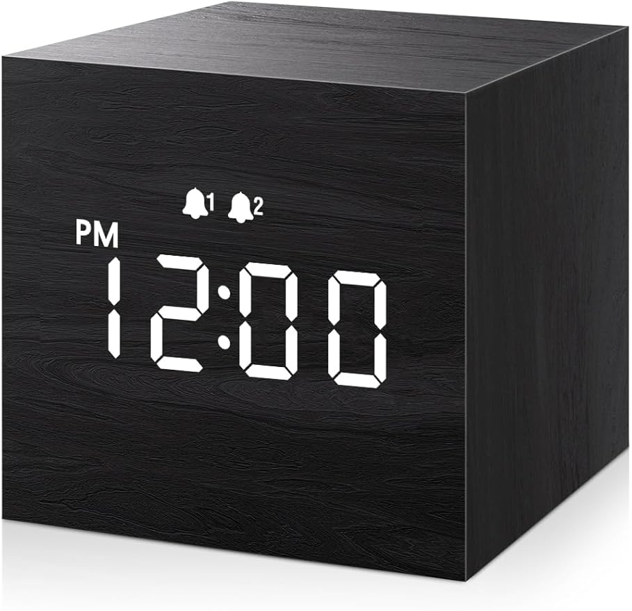 JALL Digital Alarm Clock, with Wooden Electronic LED Time Display, Dual Alarm, 2.5-inch Cubic Small Mini Wood Made Electric Clocks for Bedroom, Bedside, Desk, Black