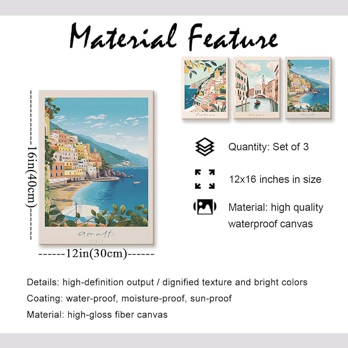 XLARTMY Italy Amalfi Coast Travel Posters Wall Art Framed Canvas Decor City Landscape Blue Venice Coast Painting Beach Modern Artwork for Living Room Bedroom Bathroom Office Set of 3 12x16in