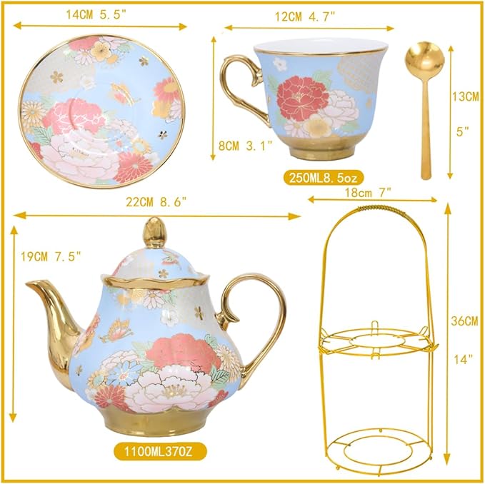 CHANJOON Gold Plated Red Rose Ceramic Tea Set, Vintage Tea Sets with Teapot, Beautiful Tea Set Coffee Serving 6 People (Green, X Large)
