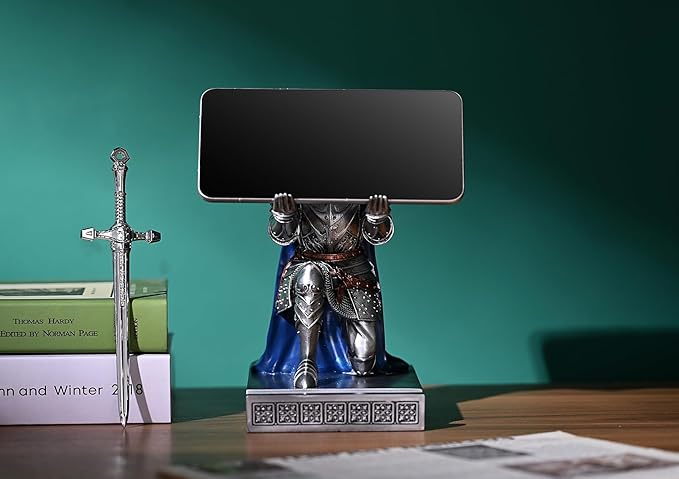 King's Guard Leader Cloak Warrior Knight Pen Holder Mobile Phone Stand, Ornament Knight Statue, Pen Stand Paperweight for Office and Home (SilverBlue)