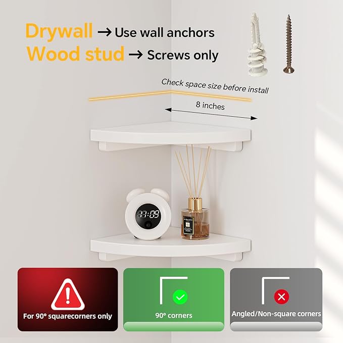 Floating Corner Shelves White 8", Solid Oak Wall Mounted Wooden Display Storage Rack with Wire Hole for Plants, Photos, Speakers, Bedroom, Kitchen, Living Room Décor - 1-Pack