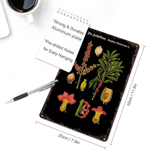 Vintage German Botanical Chart Educational Metal Sign Funny German School Chart Rare Botanical Poster Black Aluminum 8x12inch-For Bathroom Living Room Bedroom Wall Decor