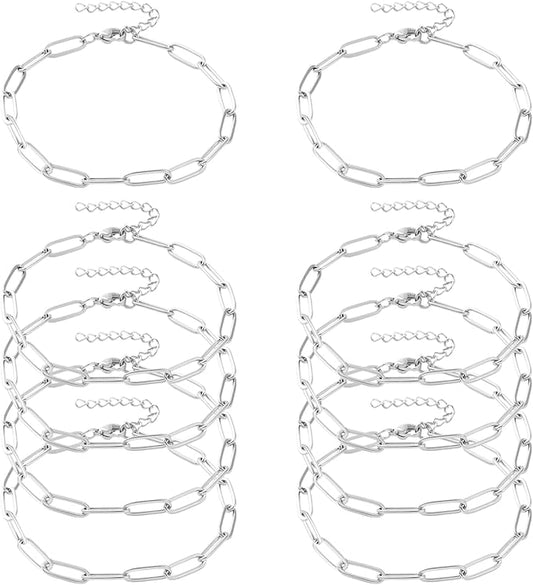 Exway 10 Pcs Paperclip Charm Bracelets Chain 8.0 Inch Stainless Steel Sliver Chain Bracelets Kit with Lobster Clasps for Crafts DIY Women Jewelry Making