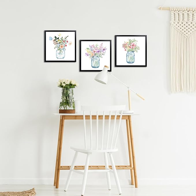 LyerArtork 3 Piece Flowers Wall Art Canvas Prints Butterfly Wildflowers in the Vase Floral Botanical Watercolour Painting Rustic Wall Decor for Living Room Bedroom Black Framed 12x12inchx3
