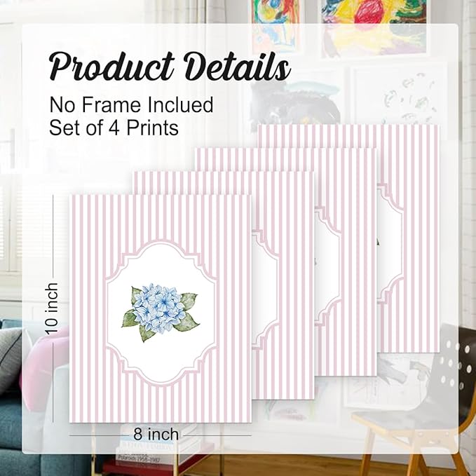Wheatwin Hydrangea Floral Wall Art Decor, Cottagecore Hydrangea Flower Botanical Poster Prints, Pink Wall Decor for Home Bedroom Living Room 8x10 Unframed Set of 4