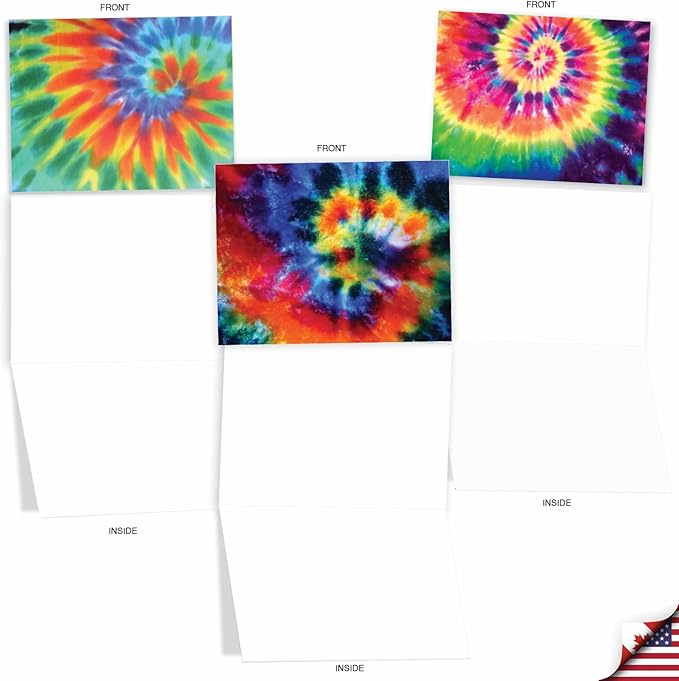 The Best Card Company - 10 Boxed Blank Note Cards Set with Envelopes (4 x 5.12 Inch), Tie Die Retro Fun Note Cards Assorted - To Dye For M6593OCB