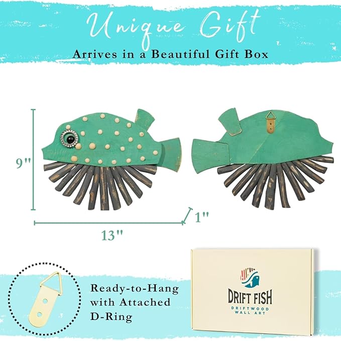 Mint Bucket Brands Driftwood Fish Nautical Wall Decor - 14.5" x 9" Handmade Wooden Rustic Coastal Wall Art for Living Room, Bedroom, Office, Bathroom - Ocean Beach Decoration (Nibbles)