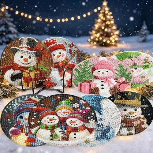 YESUAOOE 8 Pcs Snowman Diamond Art Coasters Kit - DIY 5D Christmas Diamond Painting Coasters with Holder, Mini Diamonds Arts Kits for Adults Coaster, Small Gem Art Arts and Crafts for Adults - Image 5