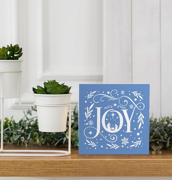 Joy Christian Christmas Wooden Box Sign, Farmhouse Christmas Snowflake Xmas Wood Signs for Home Office Table Shelf Decor, 5x5 Inch (Blue)