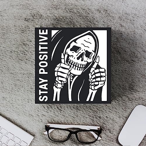 Halloween Decorations, Halloween Decor Indoor Ghost Desk Decor For Men Decorations Inspirational Skeleton Man Wooden Box Sign Plaque Stay Positive Black Wood Box Sign Rustic Art Home Office Shelf Desk - Image 4
