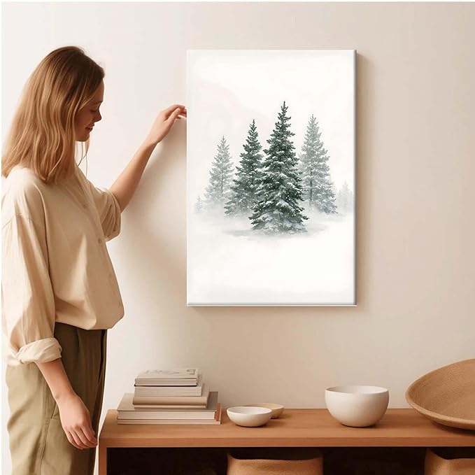 Framed Canvas Wall Art Snowy Evergreen Trees Print Winter Forest Wall Art Christmas Watercolour Painting Winter landscape Snowy Pine tree poster 8x12in Wood Framed
