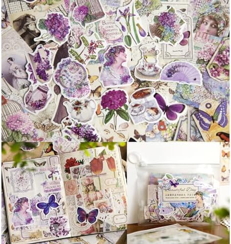 Esweny 200PCS Vintage Scrapbooking Supplies Pack, Aesthetic Scrapbook Sticker Paper Art Journaling Kit for Junk Journals,Planner,Cottagecore Decor Gifts (Purple Series) - Image 3