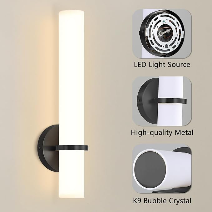 LED Dimming Wall Sconces 8W, 3000K Warm Lights Dimmable, White Lampshade Bathroom Vanity Lighting Wall Light Fixtures for Bedroom Dining Living Hallway, Black