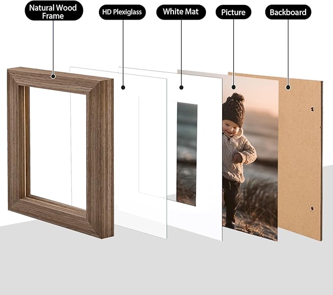 KINLINK A5 Picture Frame, Brown Wood Solid Wood Frames with Acrylic Plexiglass for Pictures 4x6 with Mat or A5 without Mat, Tabletop and Wall Mounting Display 4 Pack