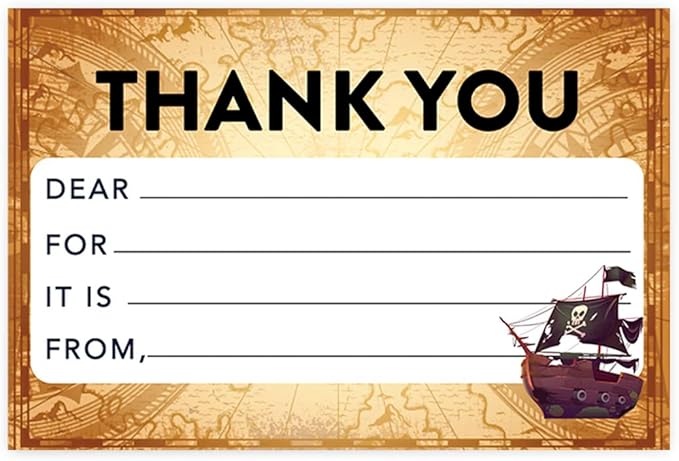 Andaz Press Kids Fill in the Blank Thank You Cards - 20 Cards Including Envelopes Pirate Theme Gender Neutral Note Cards For Boys Girls Birthday Party Thank You Notes for Friends, Family Party Guests