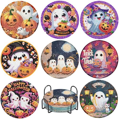 NEGEKFKX 8 Pcs Halloween Horror Ghost Diamond Art Painting Coasters Kits by NEGEKFKX
