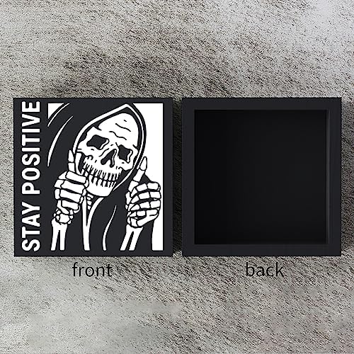 Halloween Decorations, Halloween Decor Indoor Ghost Desk Decor For Men Decorations Inspirational Skeleton Man Wooden Box Sign Plaque Stay Positive Black Wood Box Sign Rustic Art Home Office Shelf Desk - Image 3