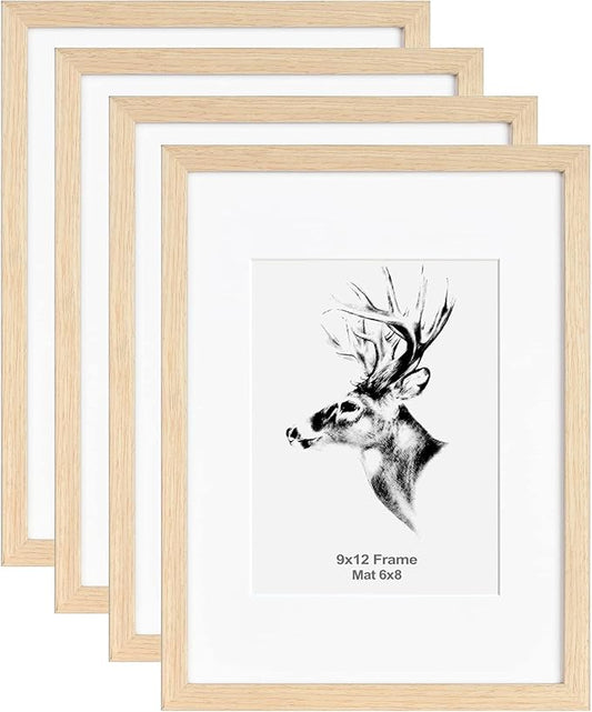 Yaetm 9x12 Oak Picture Frame with Mat for 6x8 Set of 4, Solid Natural Wood Frames 9 x 12 with Tempered Glass for Photos, Posters & Art Prints, Horizontal and Vertical Wall Mount (4 Pack, Oak)