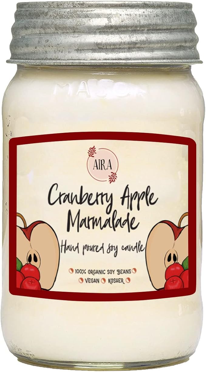 Aira Soy Candles - Organic, Kosher, Vegan, in Mason Jar w/Therapeutic Grade Essential Oil Blends - Hand-Poured 100% Soy Candle Wax - Paraffin Free, Burns 110+ Hours - Cranberry Apple - 16 Ounces