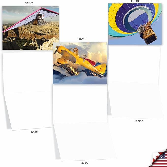 The Best Card Company - 10 Adorable Blank Cat Cards (4 x 5.12 Inch) - Cute Pet Kittens, Assorted Bulk Notecard Set - Flying Felines M6450OCB