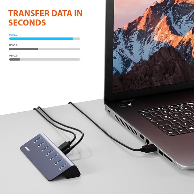 Achoro 7 Ports Powered USB HUB – 2nd Generation 10GB Super Speed External Ports – USB 3.2 Aluminium USB for Computer, Mac, PCs, Smartphone & Tablets – Computer Multiple USB A & C Hub