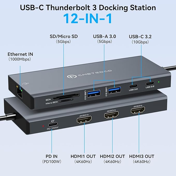 USB C Laptop Docking Station 3 Monitors 100W PD 4K60Hz 12 in 1 Triple HDMI Docking Station Dual Monitor USB C Hub Multiple Adapter, 2xUSB-C 3.2, 2xUSB-A 3.0, SD Card Slot, 1000Mbps Ethernet