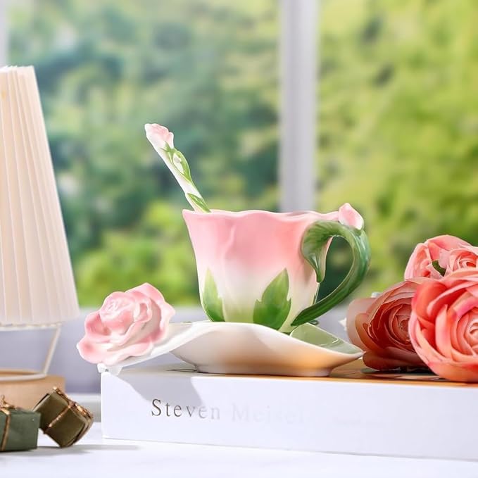 ONEUSTAR Pink Tea Cup and Saucer Set for 1 Ceramic Hand Crafted Rose Flower Coffee Cup for Mother's Day Thanksgiving Wedding Birthday Gift for Women, 6 Oz