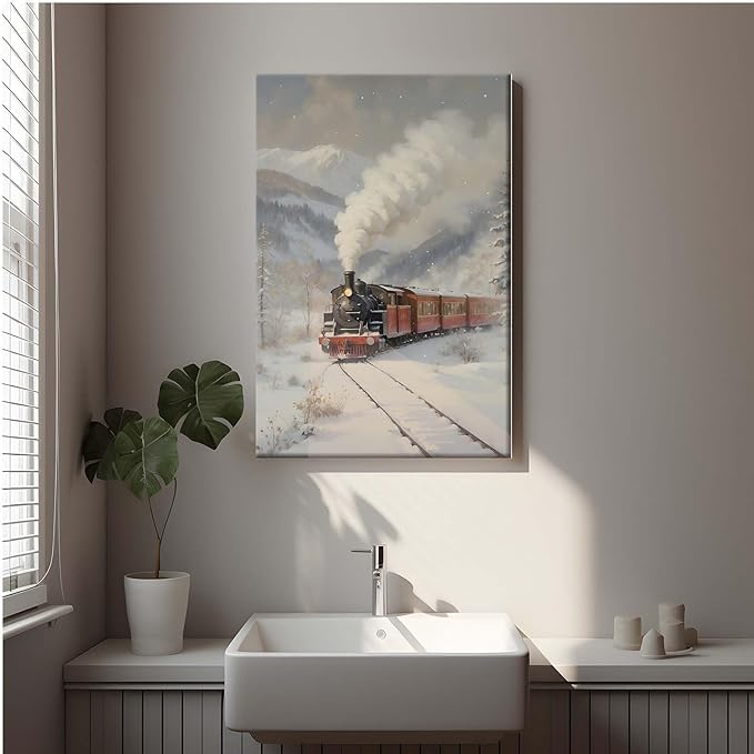 Framed Canvas Wall Art Christmas Print Train Painting Winter Scenery Landscape Snowy Railroad Wall Art Moody Christmas Decor 28x40in Wood Framed