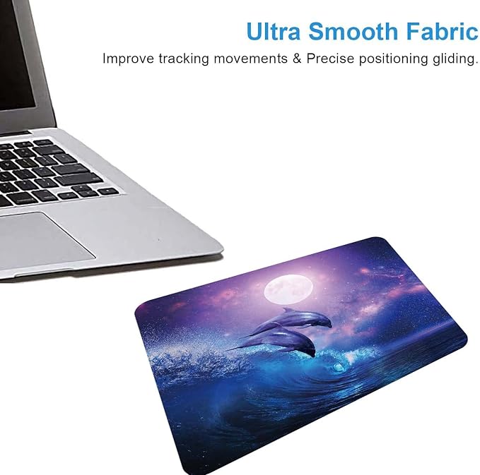Night Ocean Mouse Pad, Beautiful Dolphins Full Moon Mouse Mat, Waterproof Non Slip Rubber Base, 9.5"x7.9"x0.12" Inch