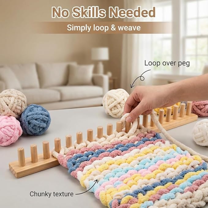 Anpyxun 48'' Chunky Blanket Loom Kit for Adults, Adjustable Wooden Frame for Hand Knitting with Chunky Yarn, DIY Weaving Loom for Making Cozy Throw Blankets, Beginner Friendly Craft Project